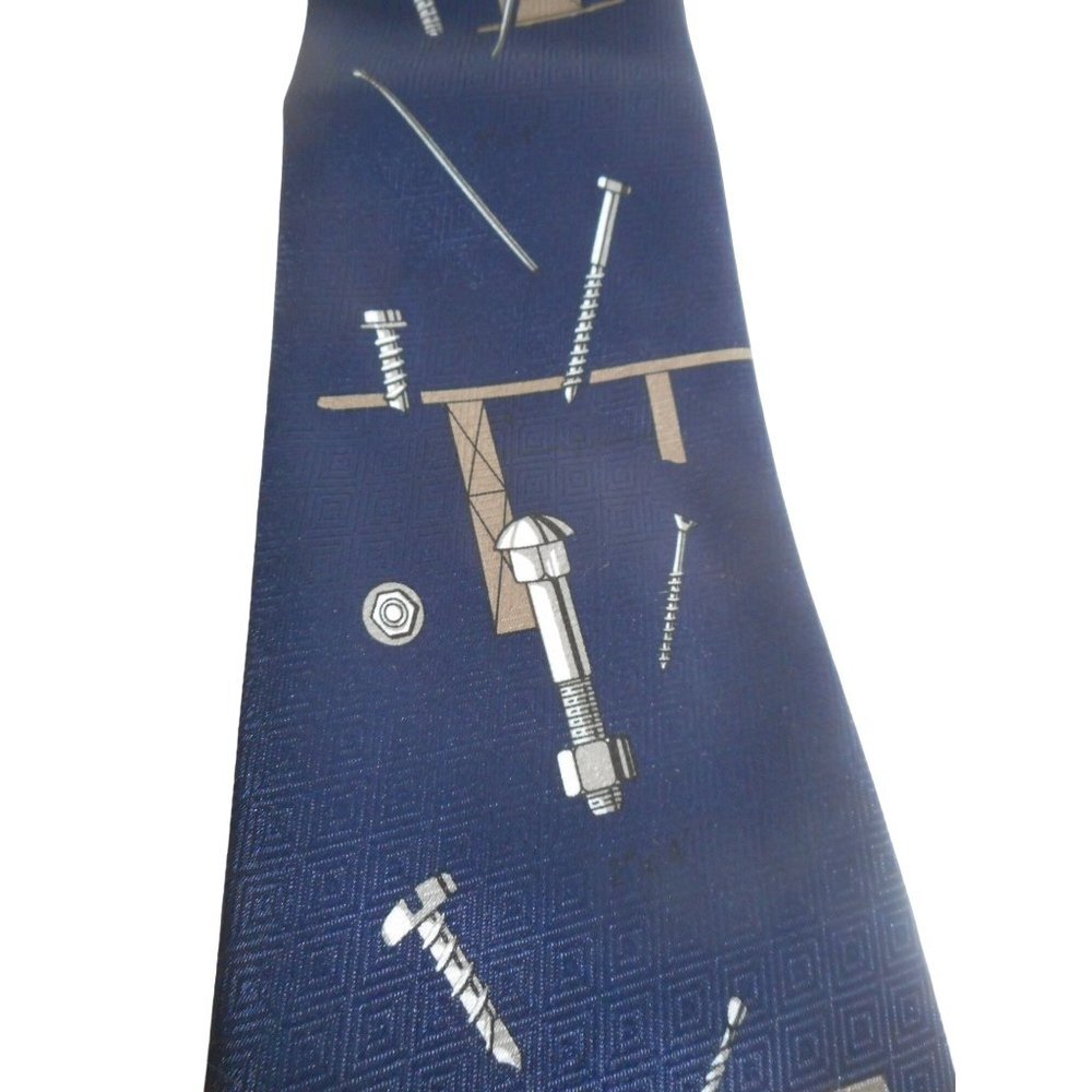 Vintage Handmade Nuts Nails bolts Construction Engineering blue tie - Picture 3 of 5